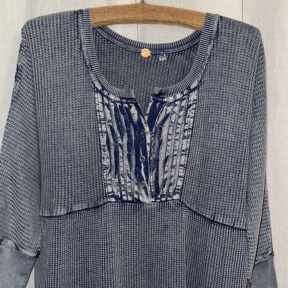 fp XS One Jolene Waffle Knit Stone Washed Blue Tiered Long Sleeve Dress - Picture 6 of 16